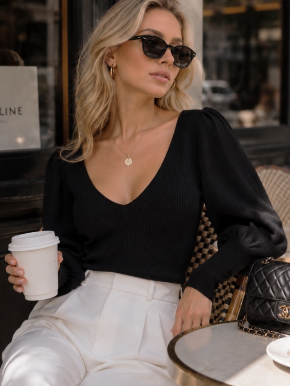 Ronny Kobo Tegan Juliet-Sleeve Ribbed Top Puff Sleeves